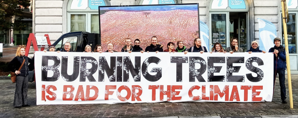 Internationaler Protest vor dem EU-Parlament in Brüssel, November 2021 (Foto: Bündnis "Biomass out of RED")